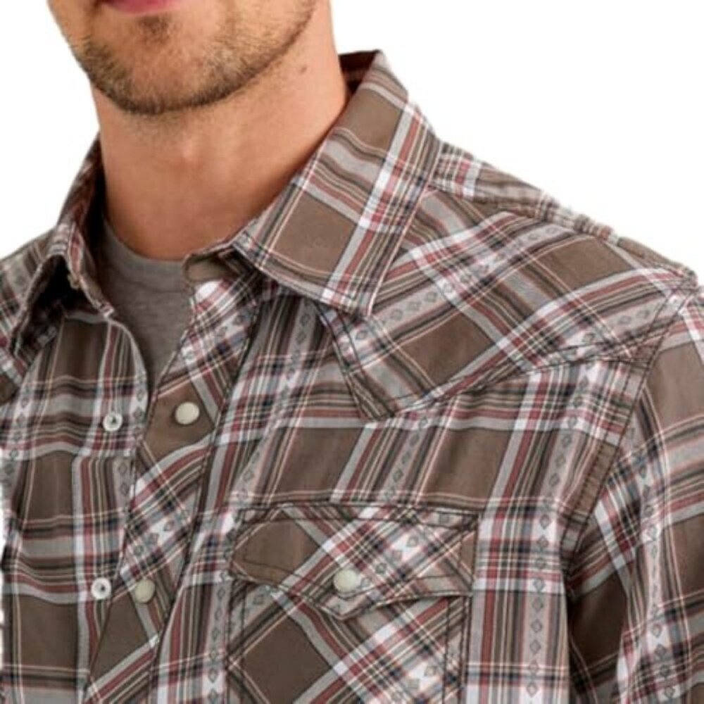 Wrangler Retro Premium Men's XXL Long Sleeve Plaid Snap Shirt Brown